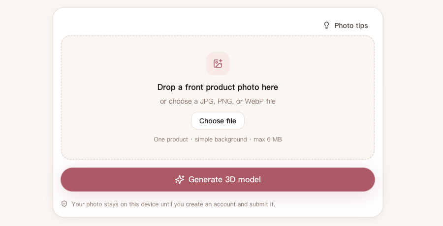 Neyvo3D website showing the product-photo upload and 3D generation workflow